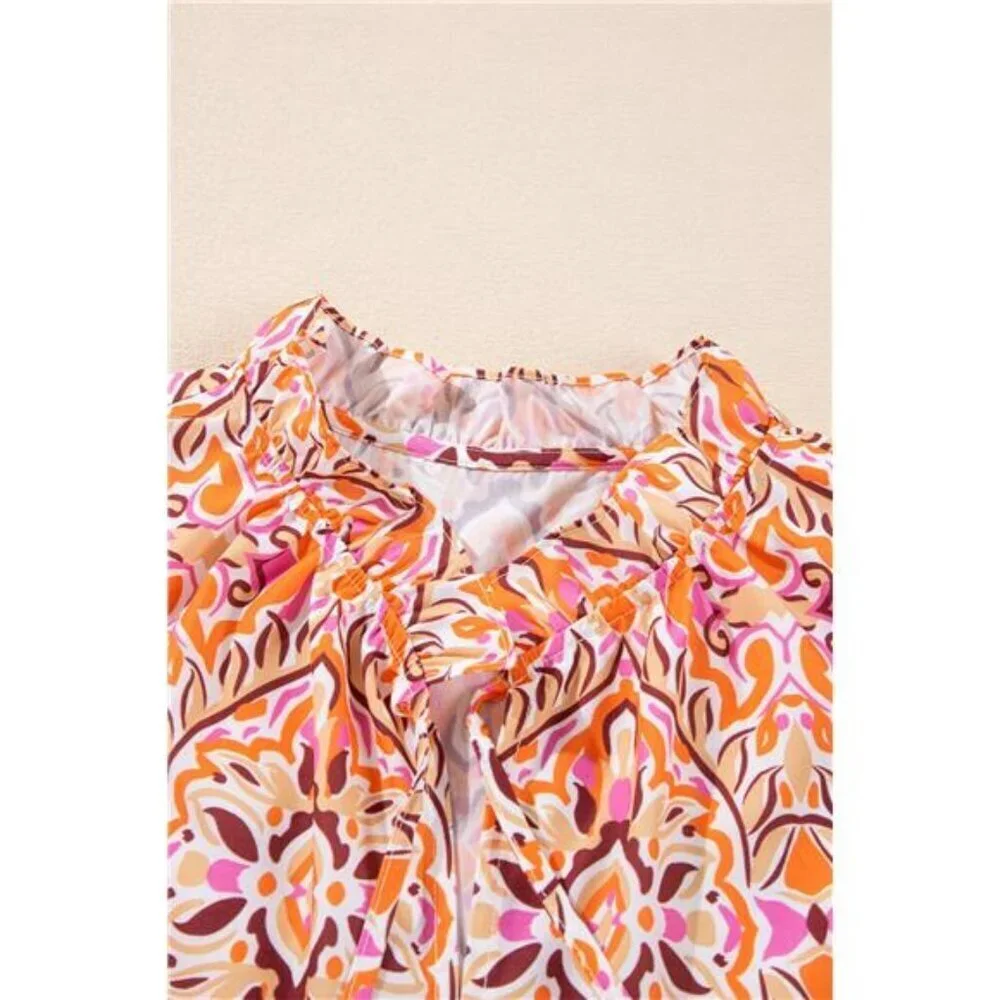 Printed Tie Neck Long Sleeve Mini Dress